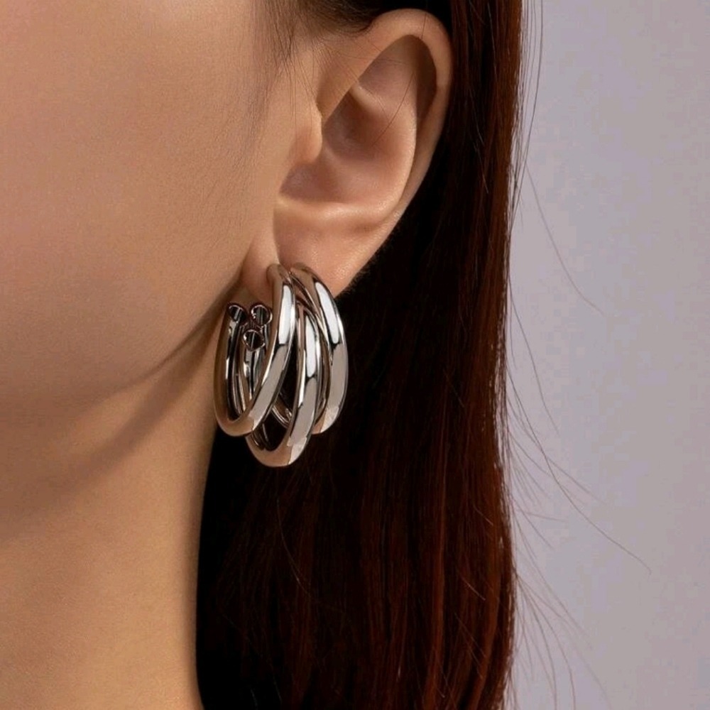 Chunky silver triple hoop earrings boho casual Cute stainless steel 💖2/$30